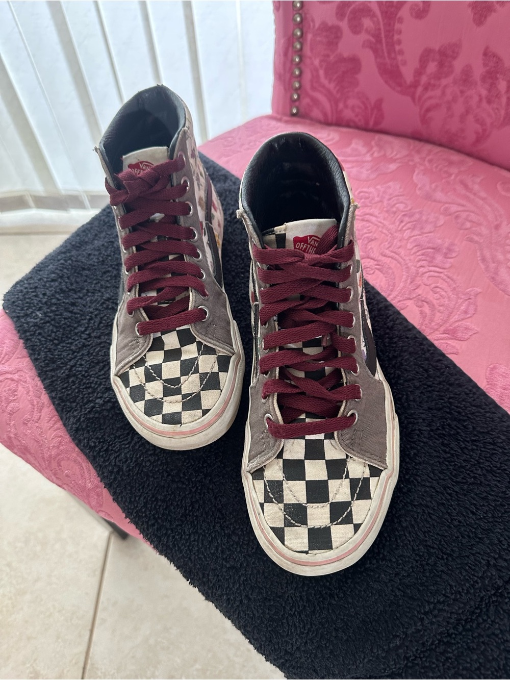 Vans High-Top Floral Checkerboard Sneakers with Burgundy Laces Size 5